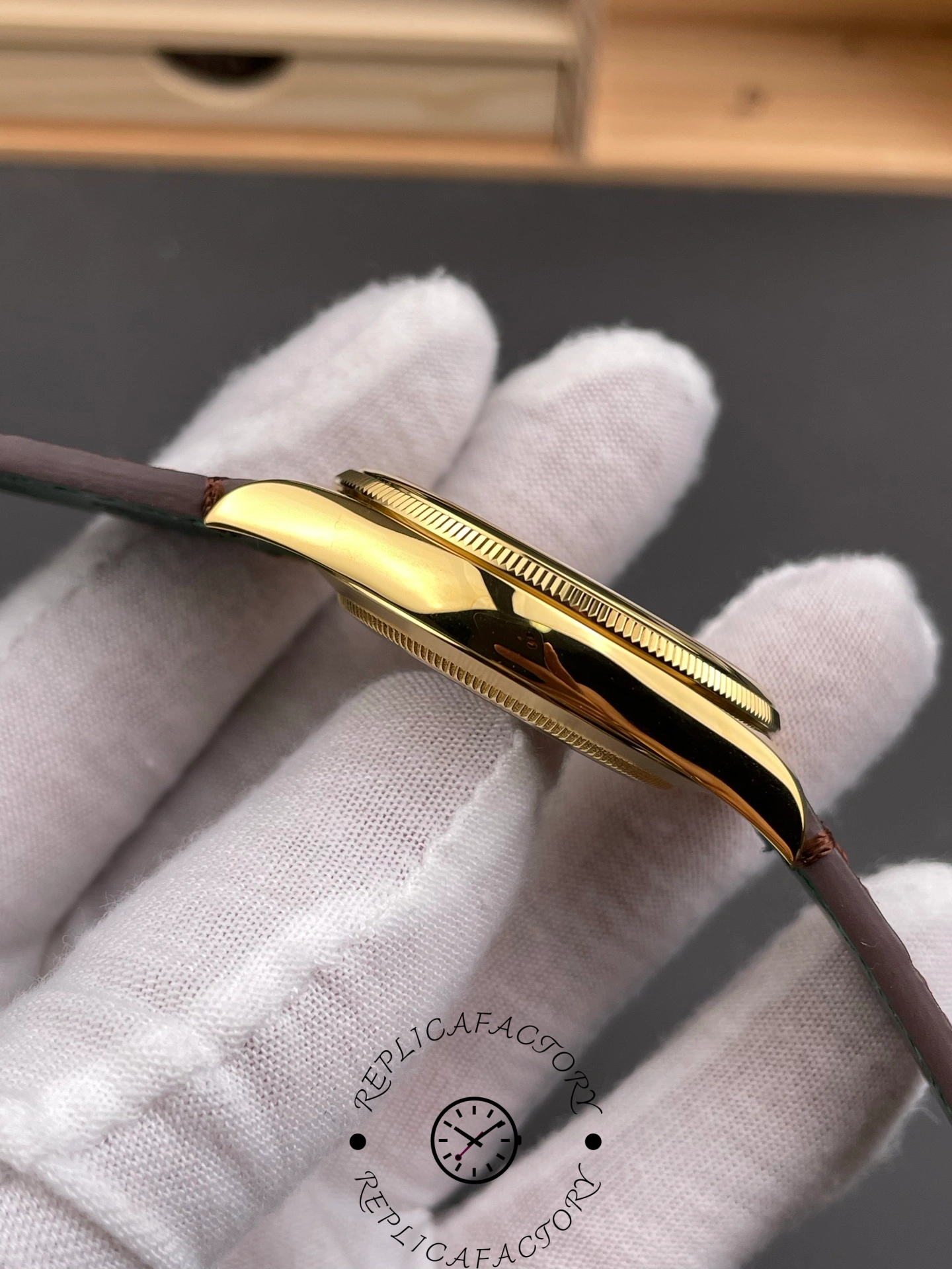 Opposite side view of Rolex 1908 Yellow Gold 52508-0006 39mm replica with curved case profile.