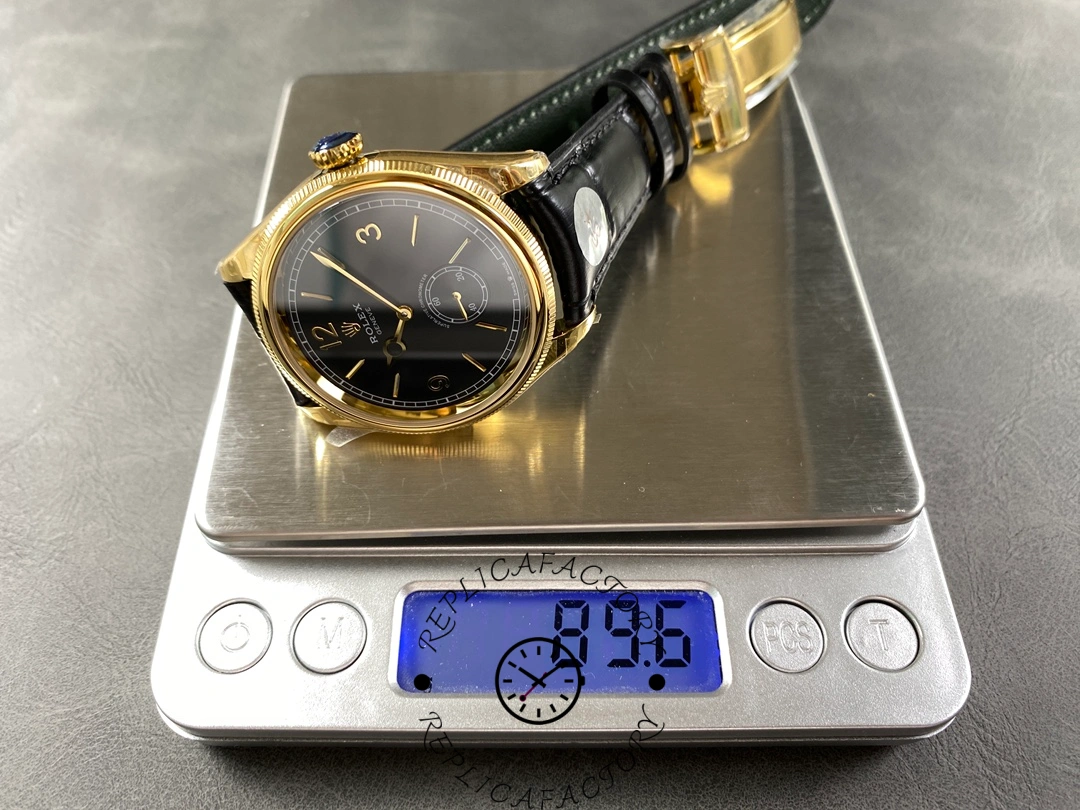 Weight measurement of Rolex 1908 Yellow Gold 52508-0002 replica displayed on digital scale.
