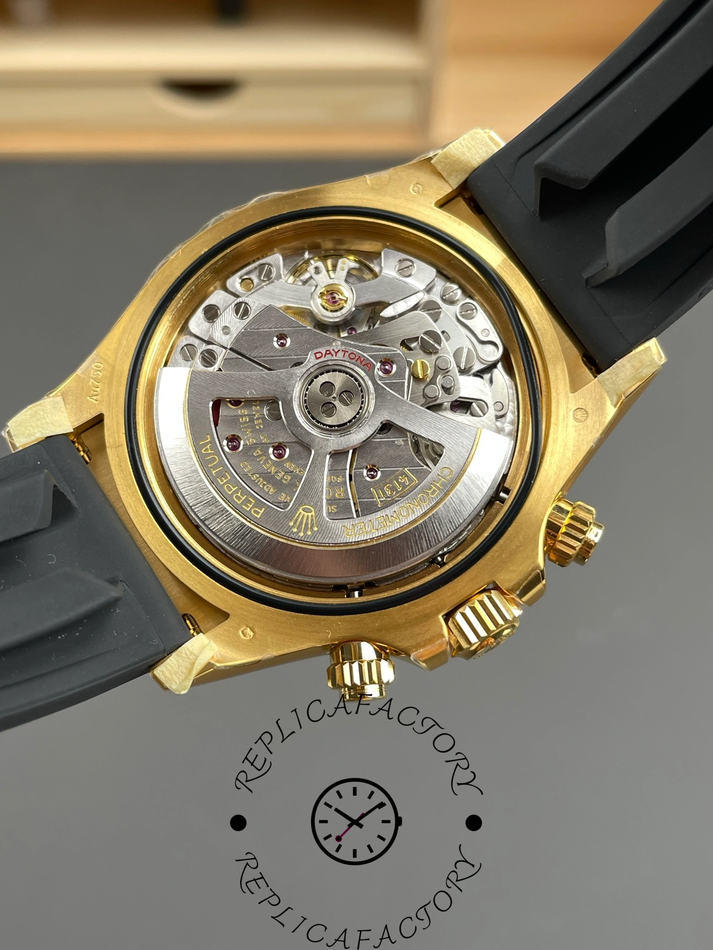 Rolex Daytona 126518LN 0004 case back view, rotor and movement visible through back.