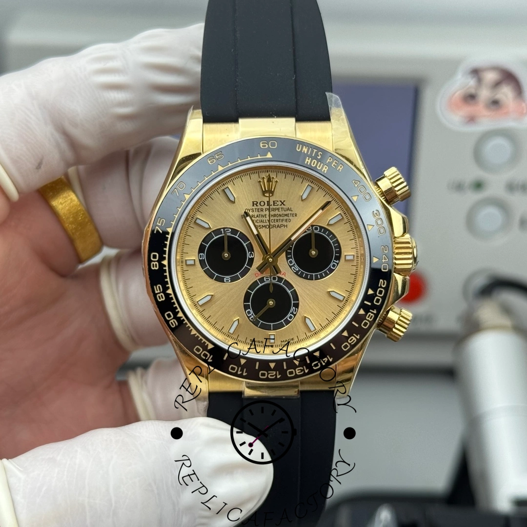 Gloved close-up of Rolex Daytona 126518LN-0012 showing champagne dial and black subdials.