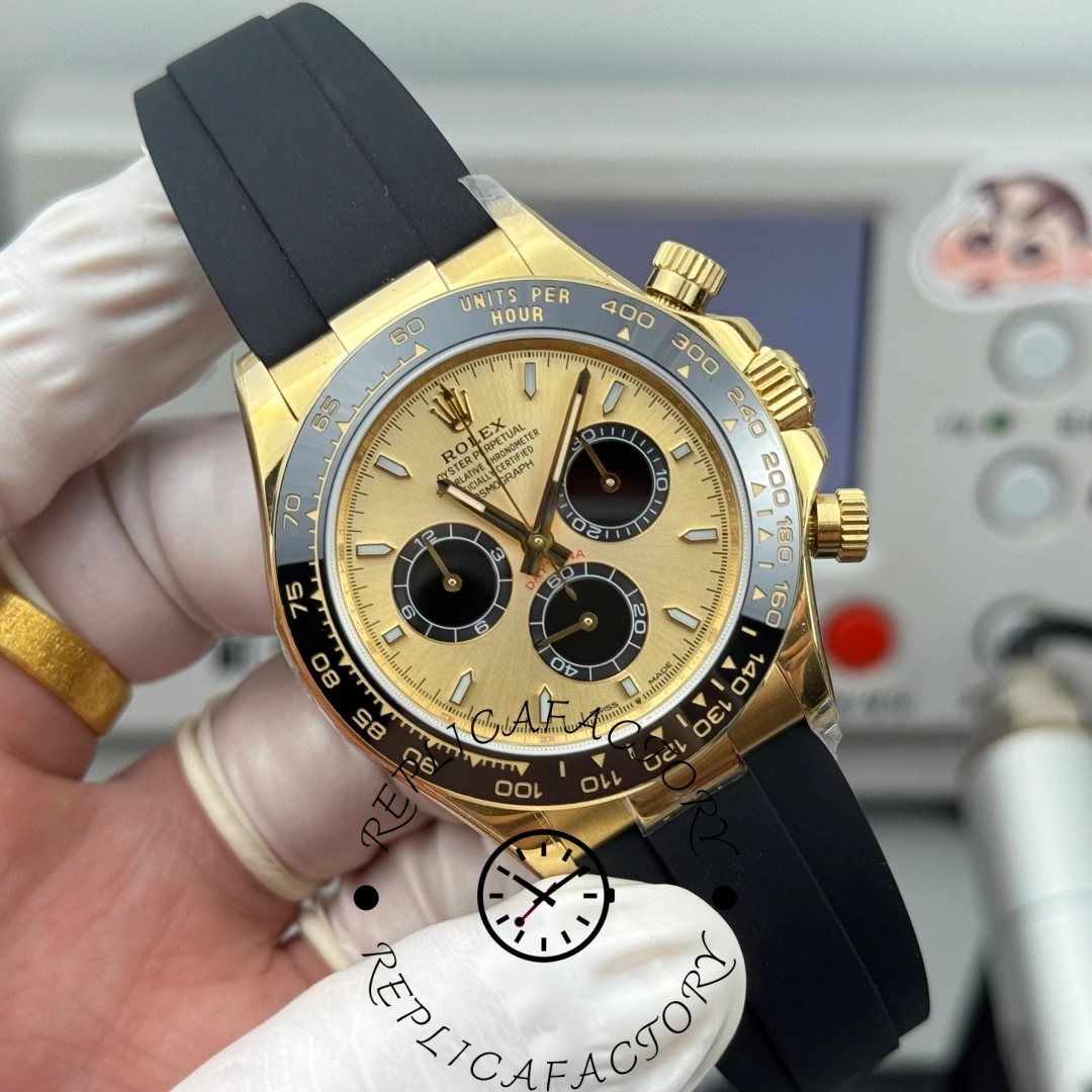 Handheld view of Rolex Daytona 126518LN-0012 highlighting black bezel and subdials.