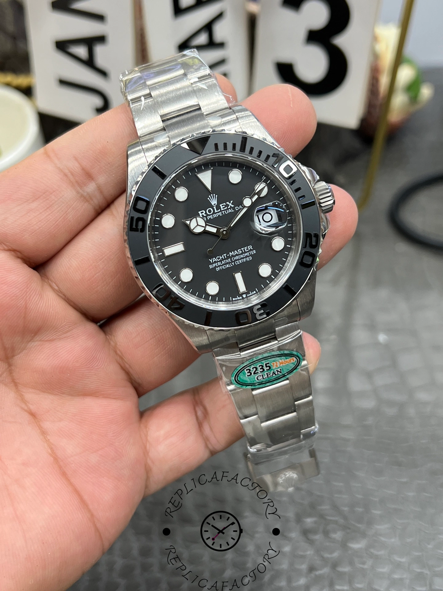 Rolex Yacht-Master 42 226627 0001, close-up front view showing hands, markers, and date.