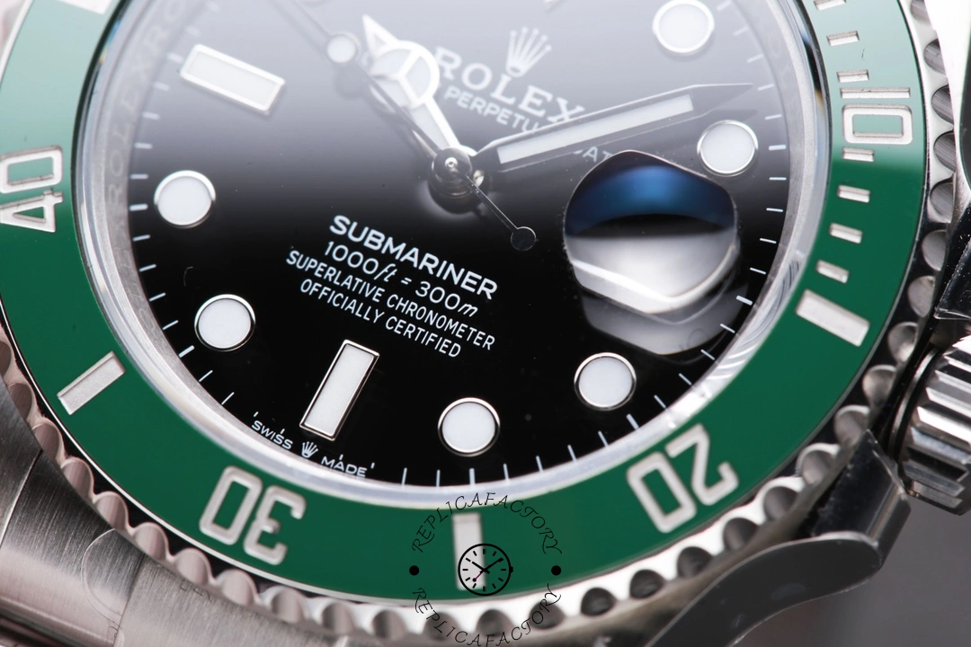 Rolex Submariner 126610LV, macro bezel-and-dial shot showing green insert and minute track.