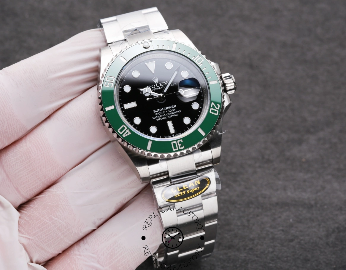 Rolex Submariner 126610LV, watch on glove with hang tag, full front view.