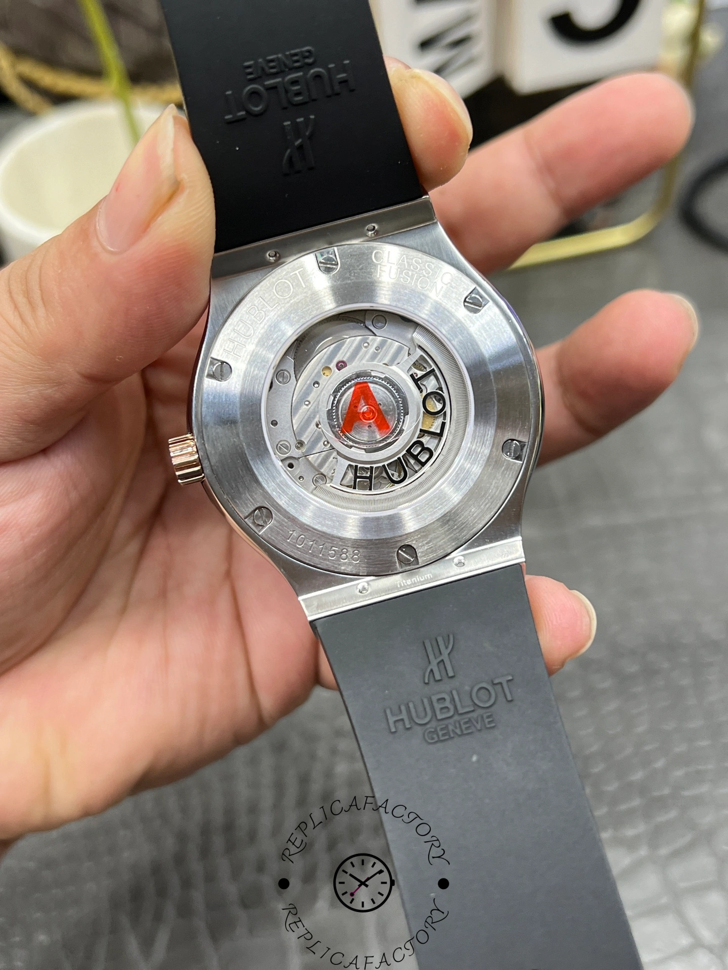 Caseback view of Hublot Classic Fusion 542.NO.1181.RX showing the engraved back and central medallion.