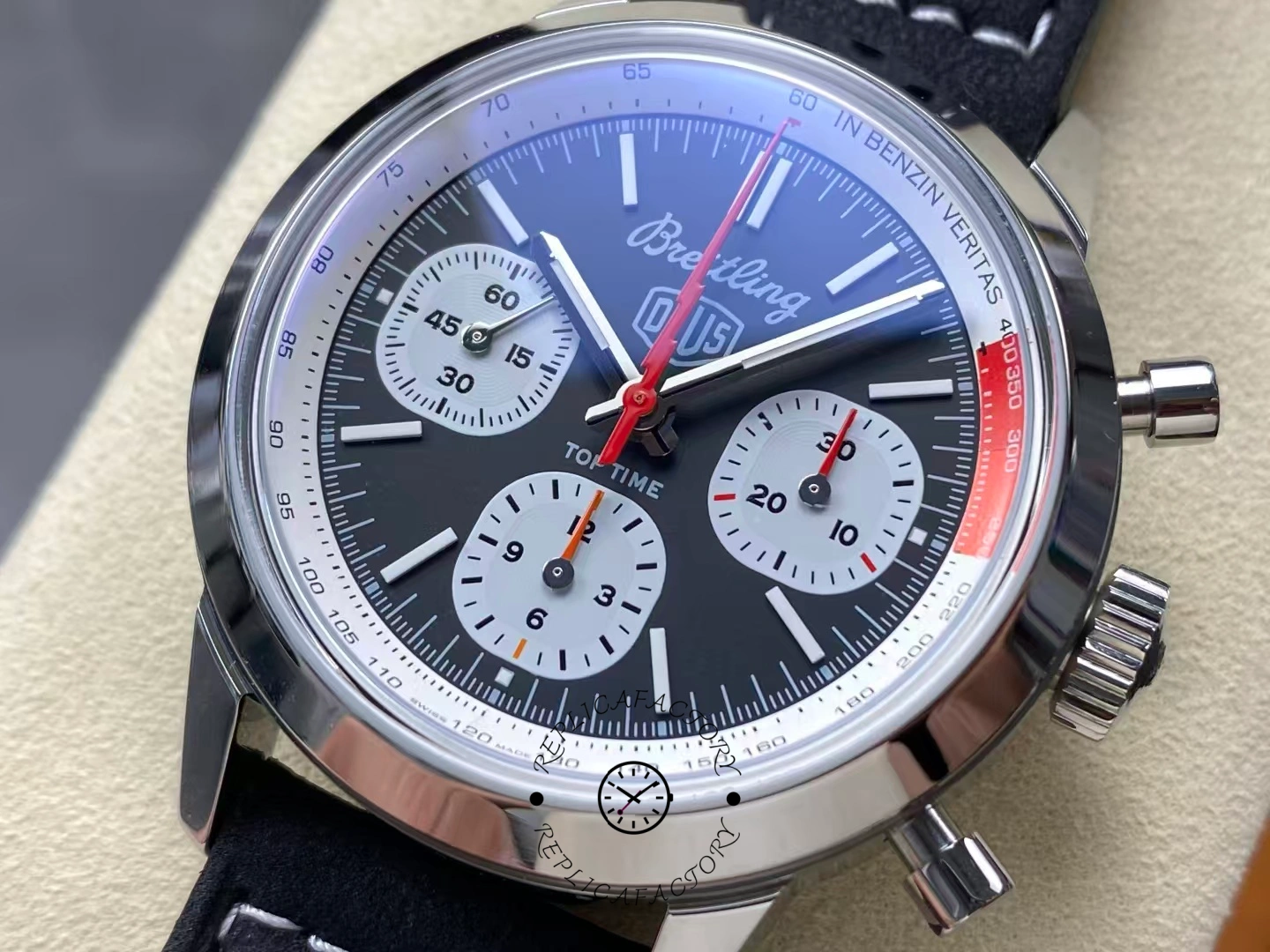 Breitling Top Time B01 Deus Chronograph AB01765A1B1X1, dial close-up with subdials and red details.