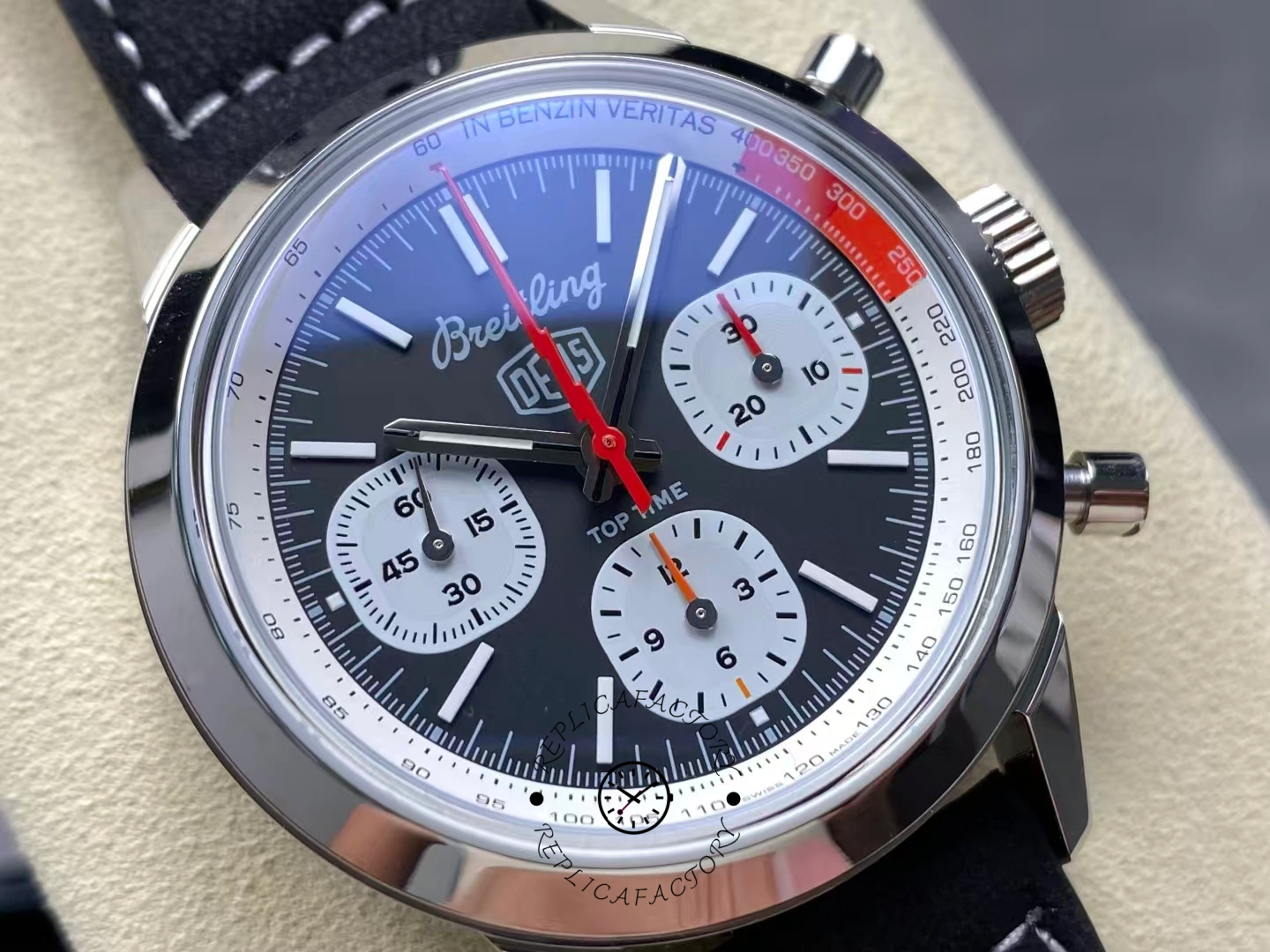 Breitling Top Time B01 Deus Chronograph AB01765A1B1X1, angled dial close-up showing markers and hands.