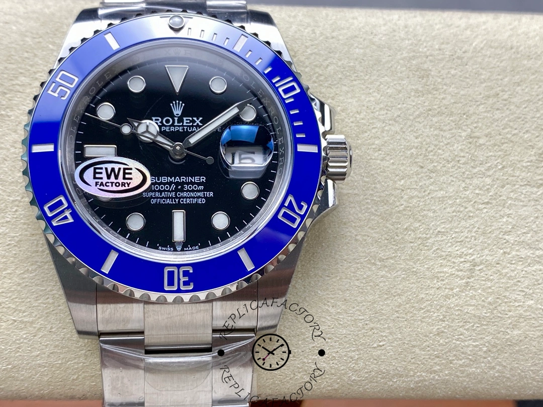 Rolex Submariner 126619LB 0003, front view on cushion, blue bezel and markers.