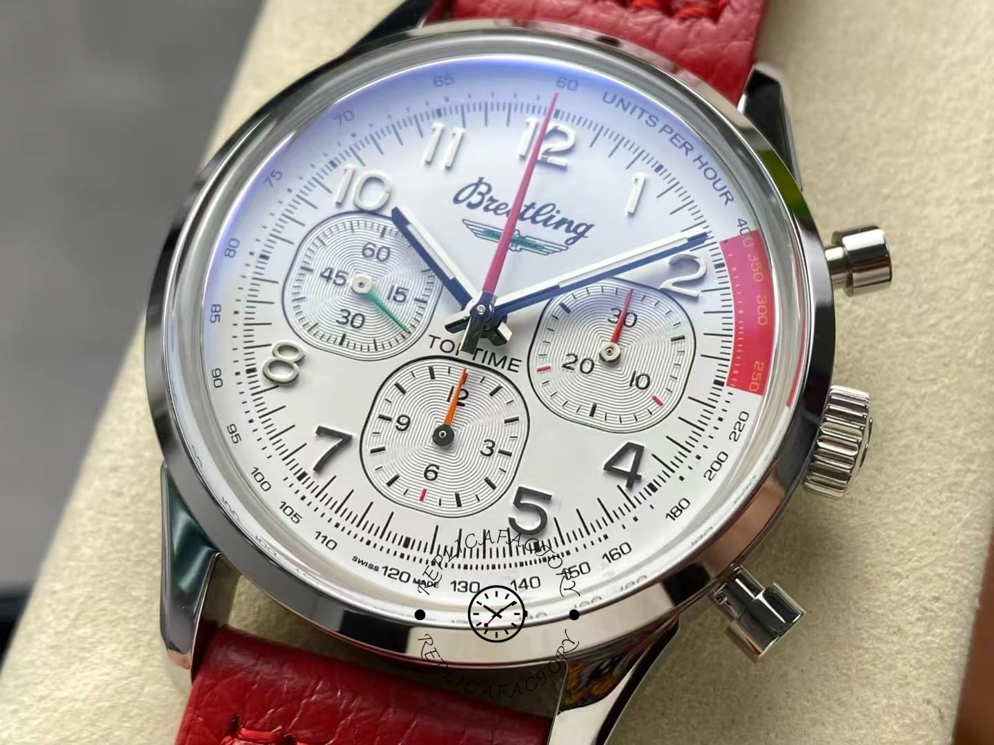 Breitling Top Time B01 Ford Thunderbird AB01766A1A1X1, dial close-up highlighting Arabic numerals and subdials.