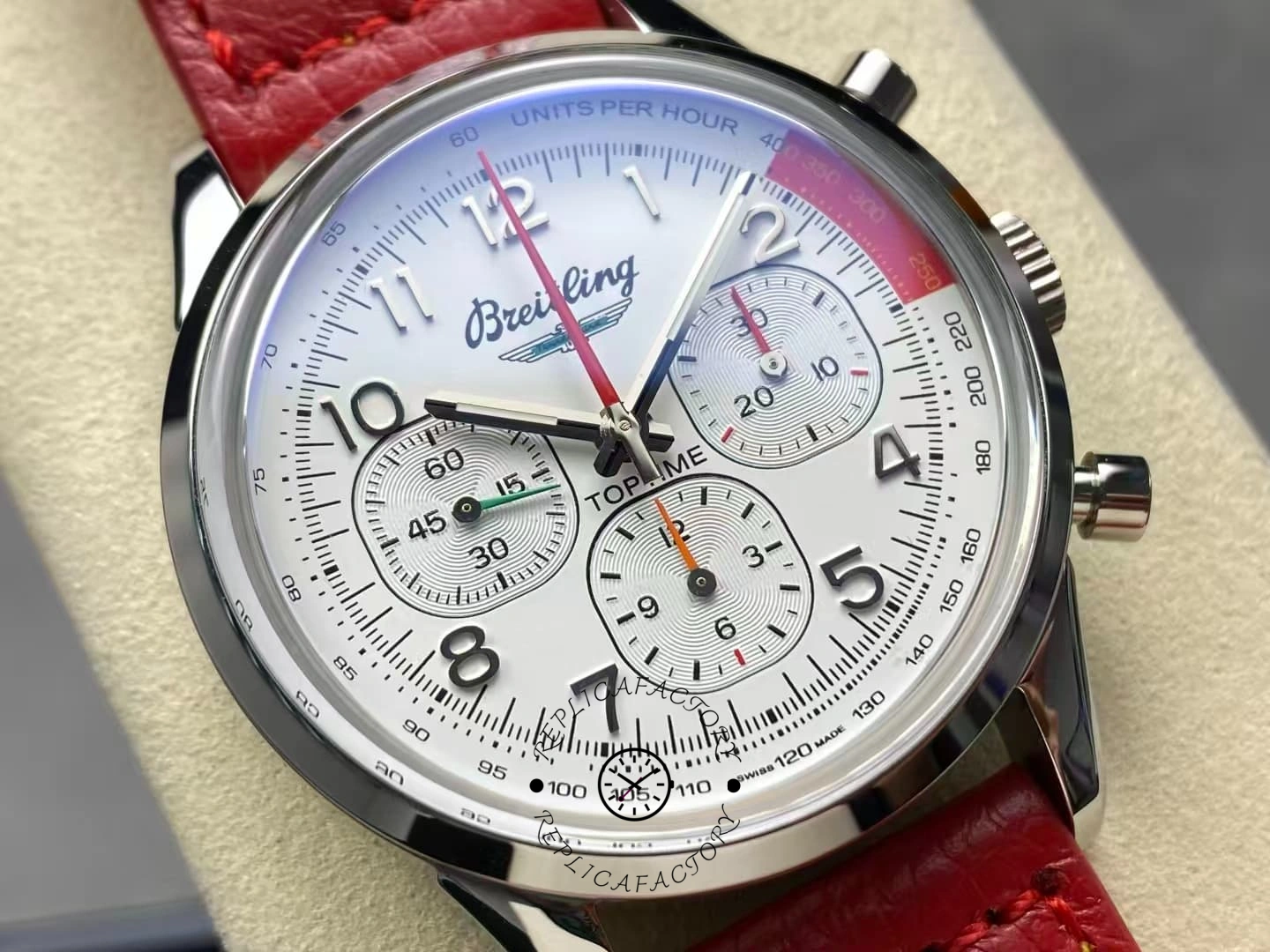 Breitling Top Time B01 Ford Thunderbird AB01766A1A1X1, angled dial close-up showing hands and markers.