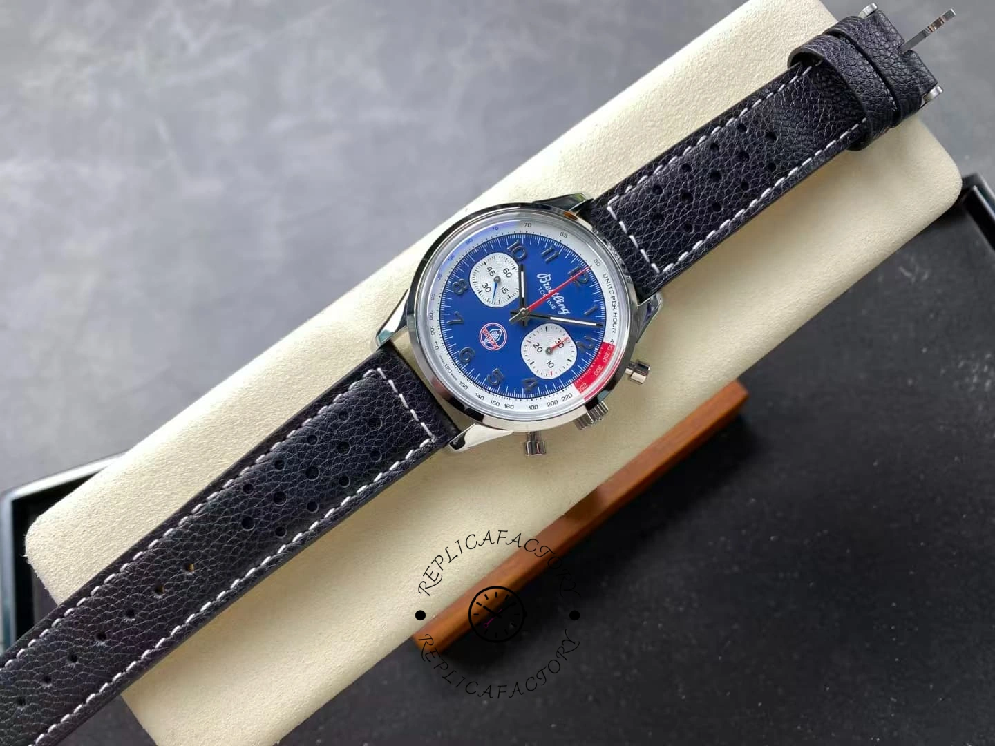 Breitling Top Time B01 Shelby Cobra AB01763A1C1X1, full cushion view showing strap and lug fit.