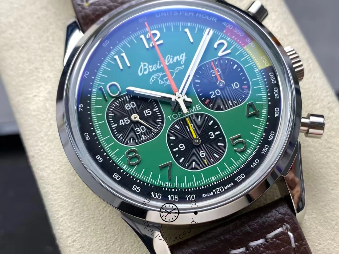 Angled close-up of Breitling Top Time B01 AB01762A1L1X1 showing Arabic numerals and chronograph pushers.