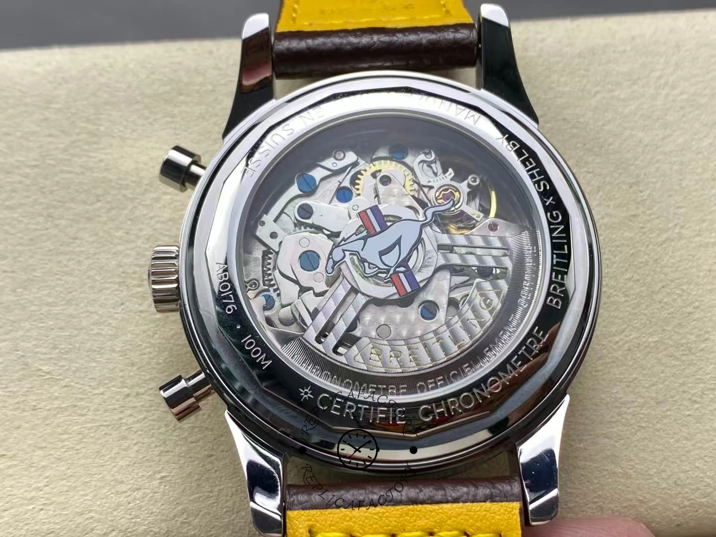 Caseback view of Breitling Top Time B01 AB01762A1L1X1 showing exhibition back and movement details.