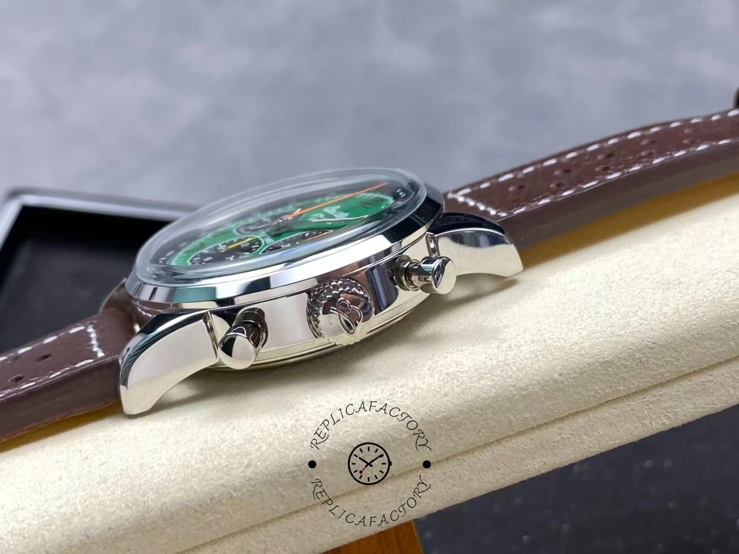 Side profile of Breitling Top Time B01 AB01762A1L1X1 showing case thickness, crown, and leather strap.