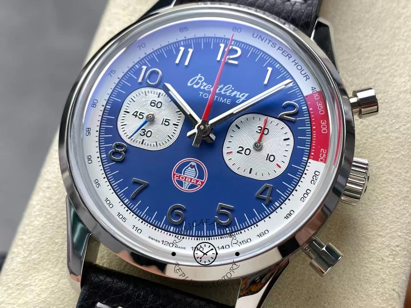 Breitling Top Time B01 Shelby Cobra AB01763A1C1X1, dial close-up with Arabic numerals and white subdials.