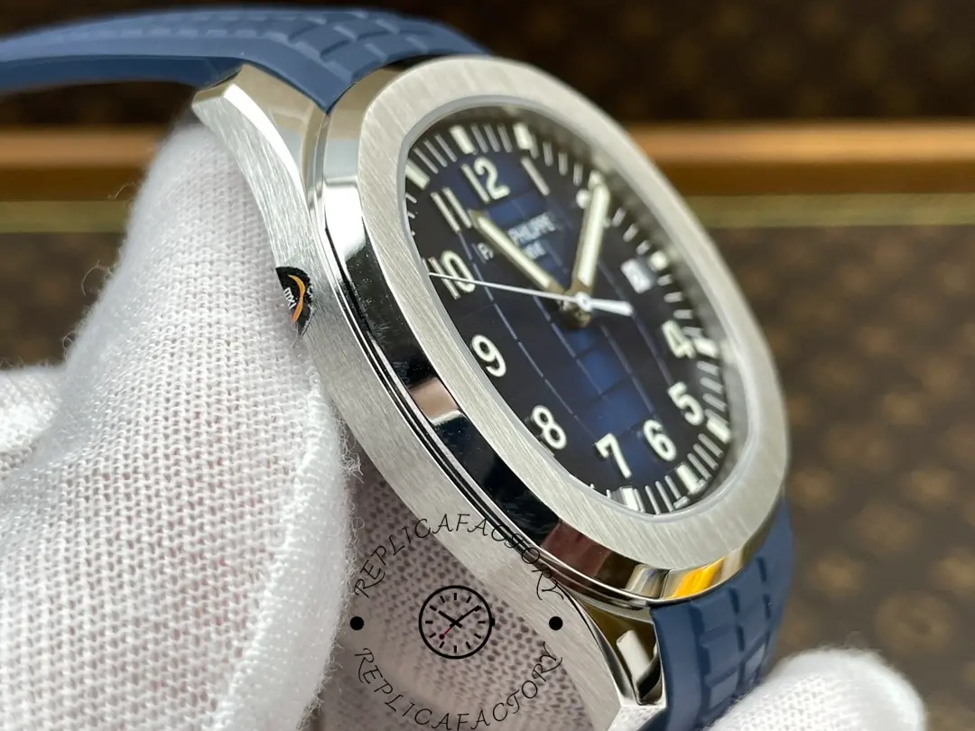 Side angle of Patek Philippe Aquanaut 5168G-001 showing polished case edge and lug curve.