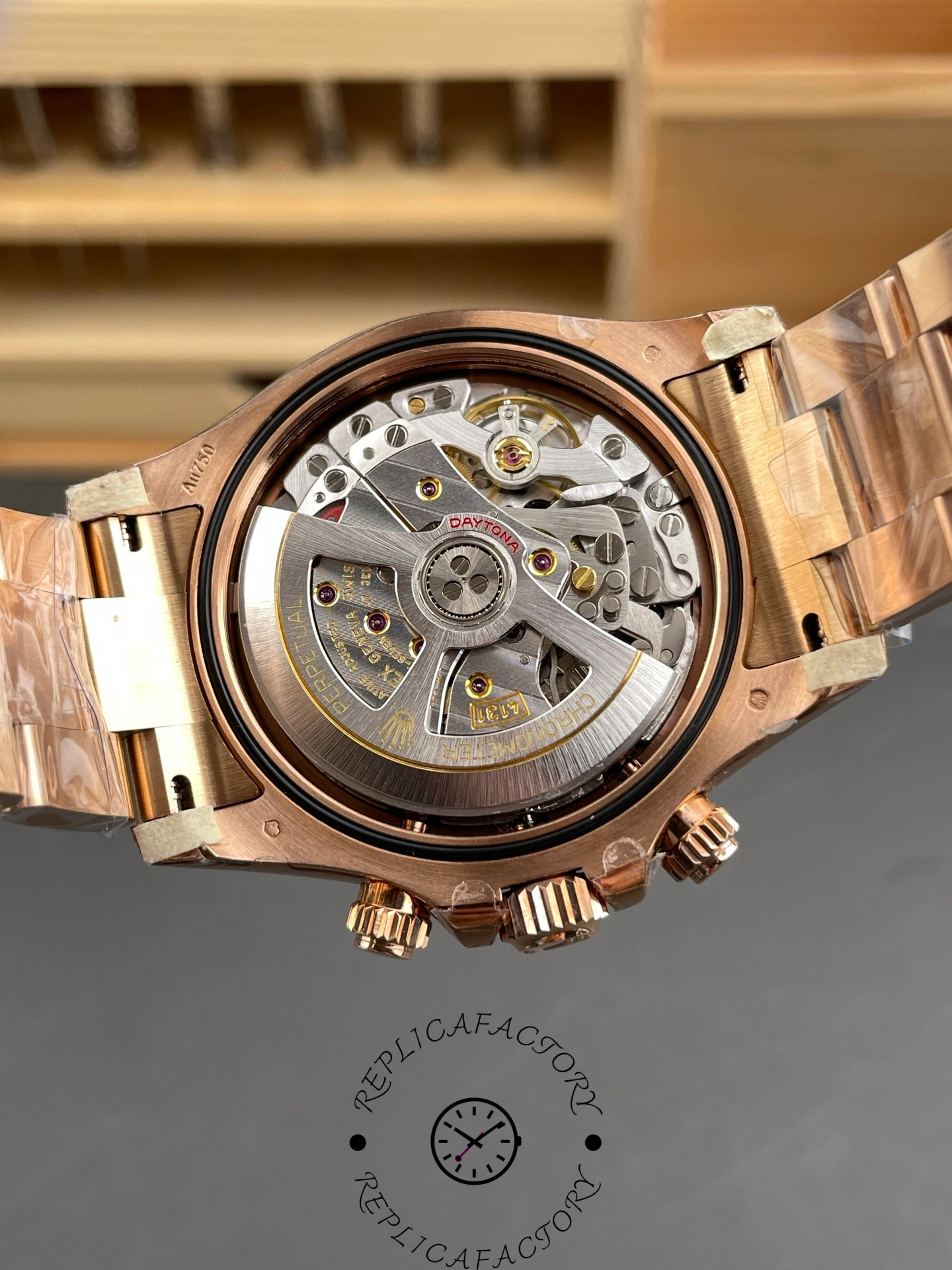 Case back view of the Rolex Daytona 126505 showing movement through transparent back.