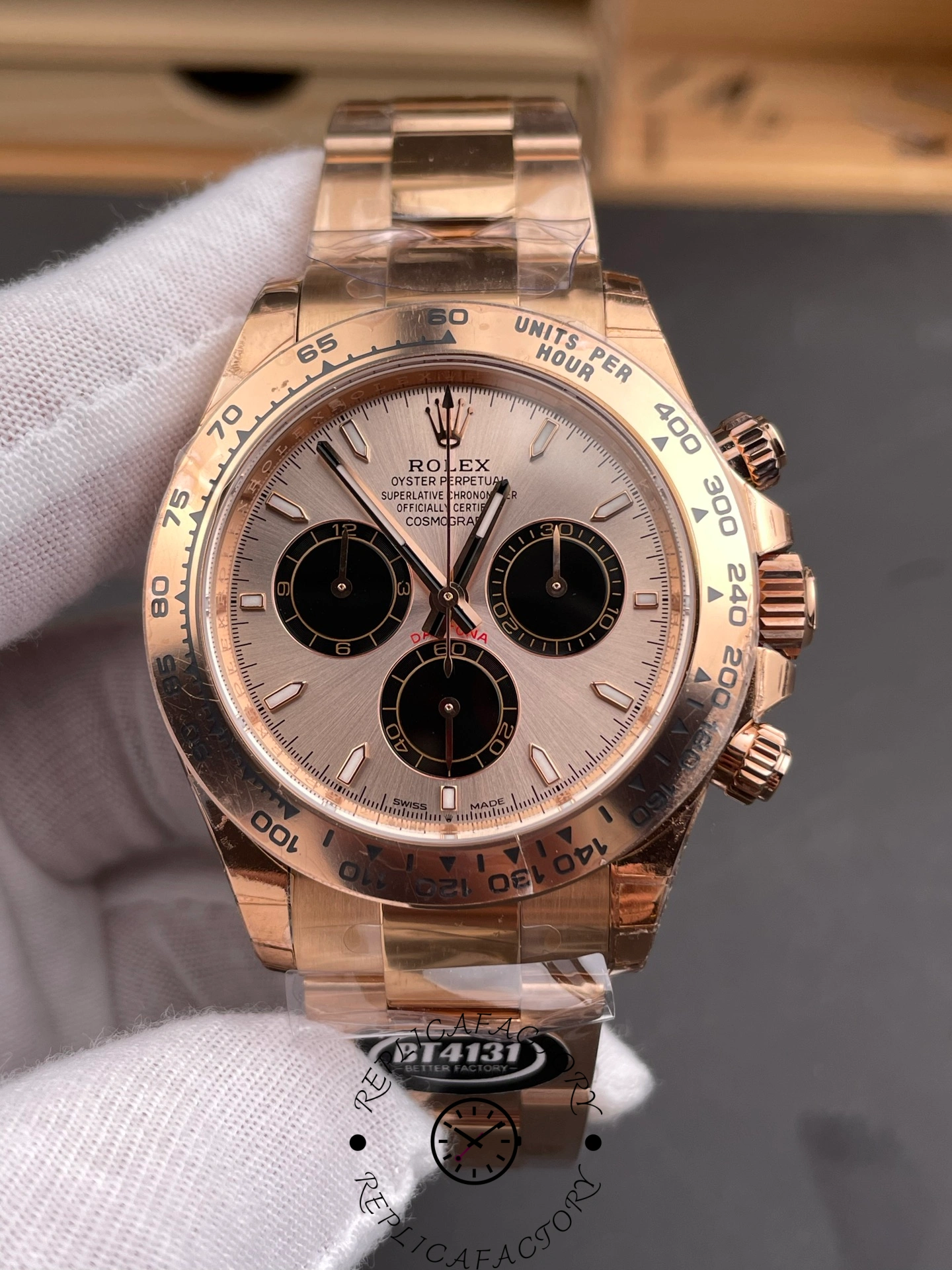 Close front view of the Rolex Daytona 126505 highlighting the sundust dial texture and markers.