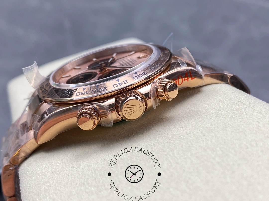 Low side profile of the Rolex Daytona 126505 showing case thickness and pusher side.