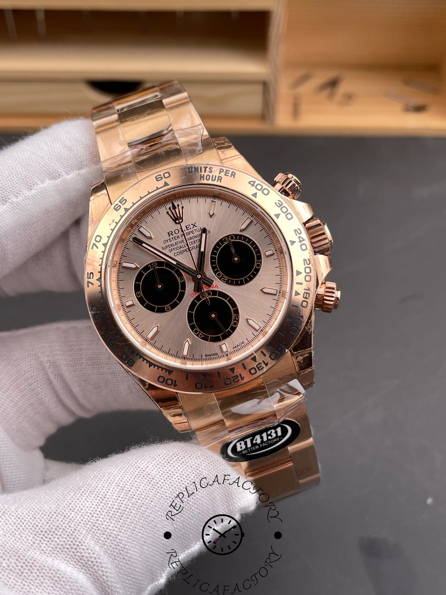 Angled front view of the Rolex Daytona 126505 showing bezel, lugs, and dial shine.