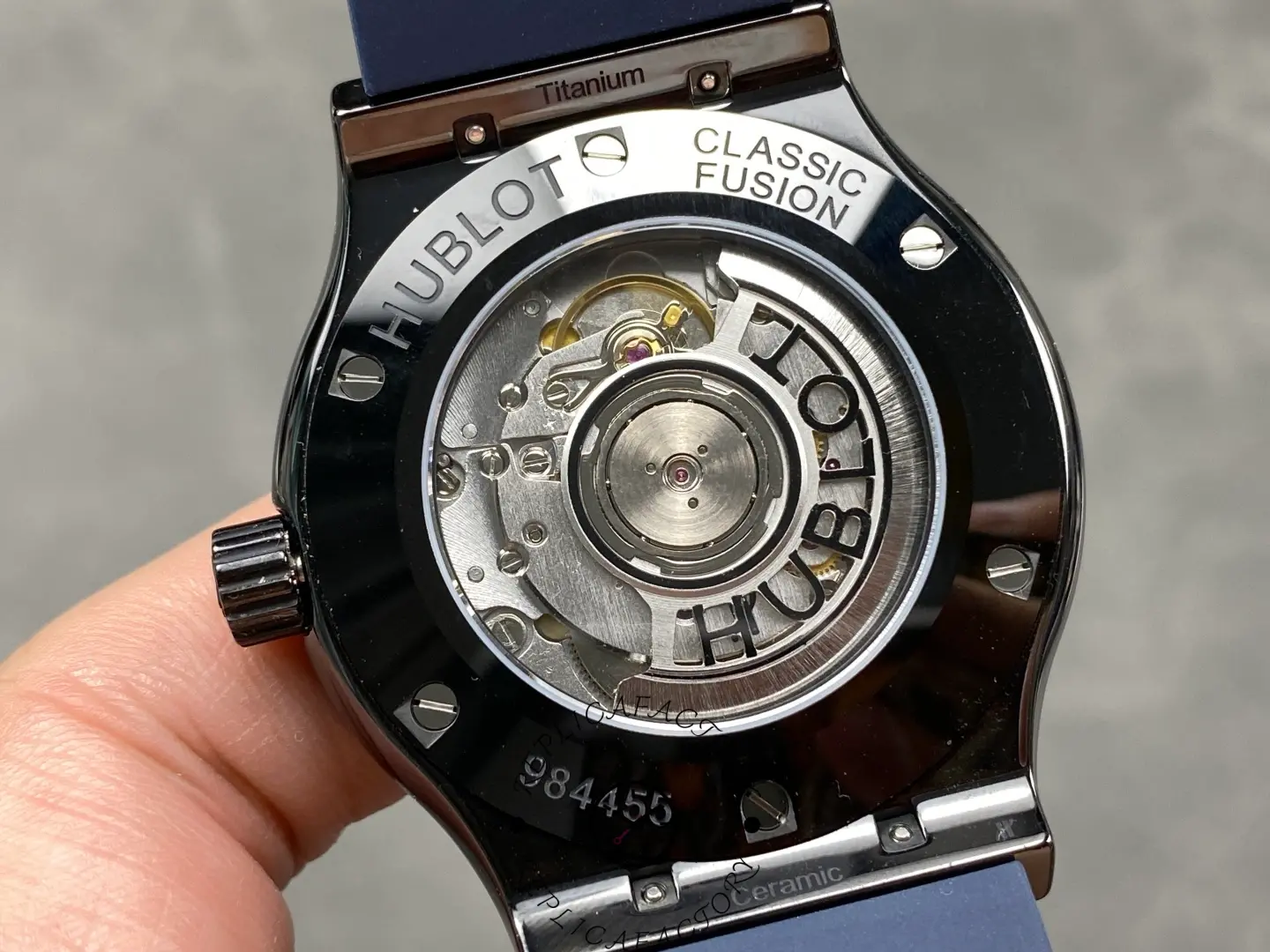 Hublot Classic Fusion 542.CM.7170.RX, transparent caseback view showing rotor and movement.