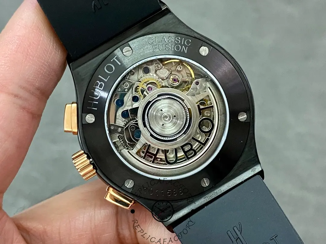 Caseback close-up of Hublot Classic Fusion 521.CO.1781.RX showing movement rotor and engravings.