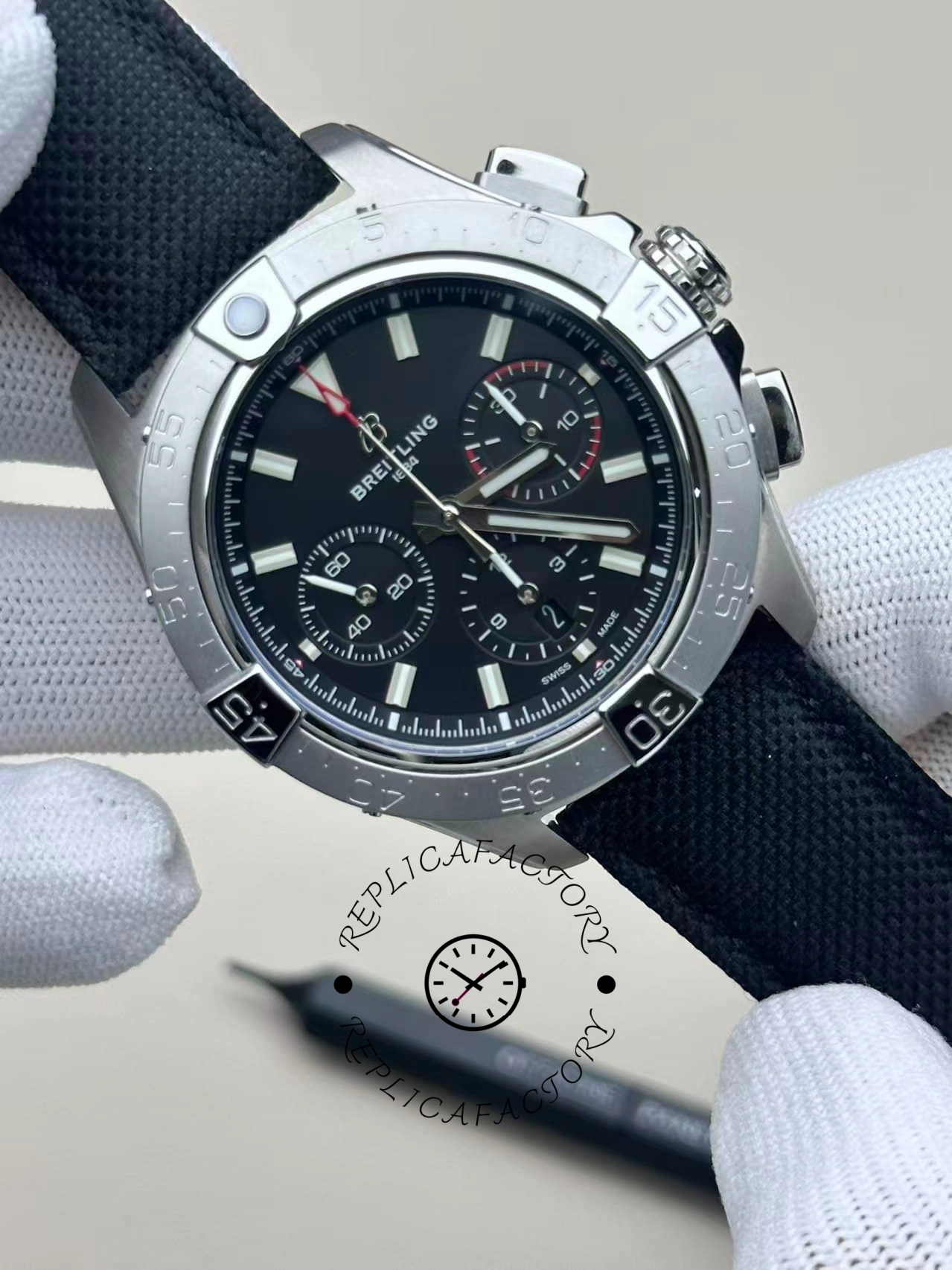 Angled front view of Breitling Avenger B01 AB0146101B1X1 highlighting bezel teeth and polished case.