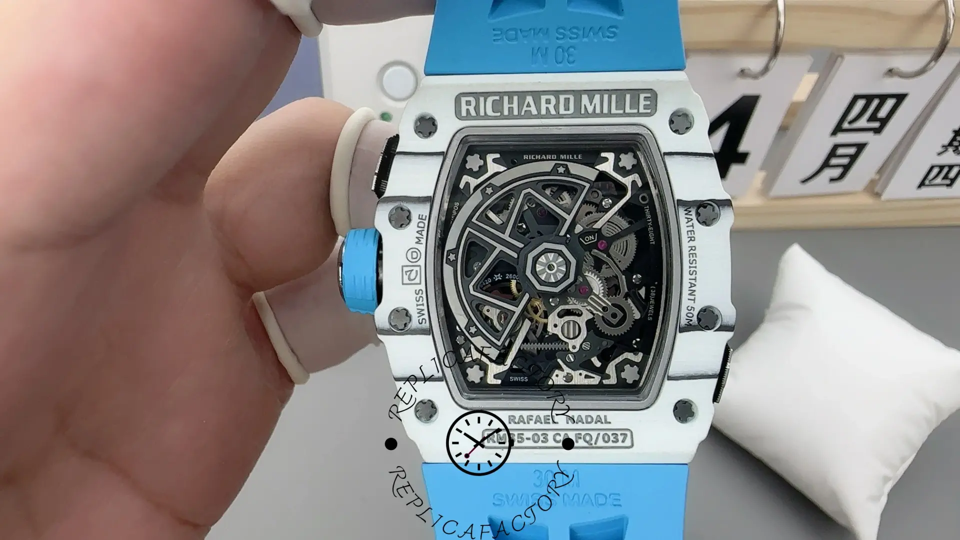Richard Mille RM35-03 replica White Quartz TPT Blue Strap