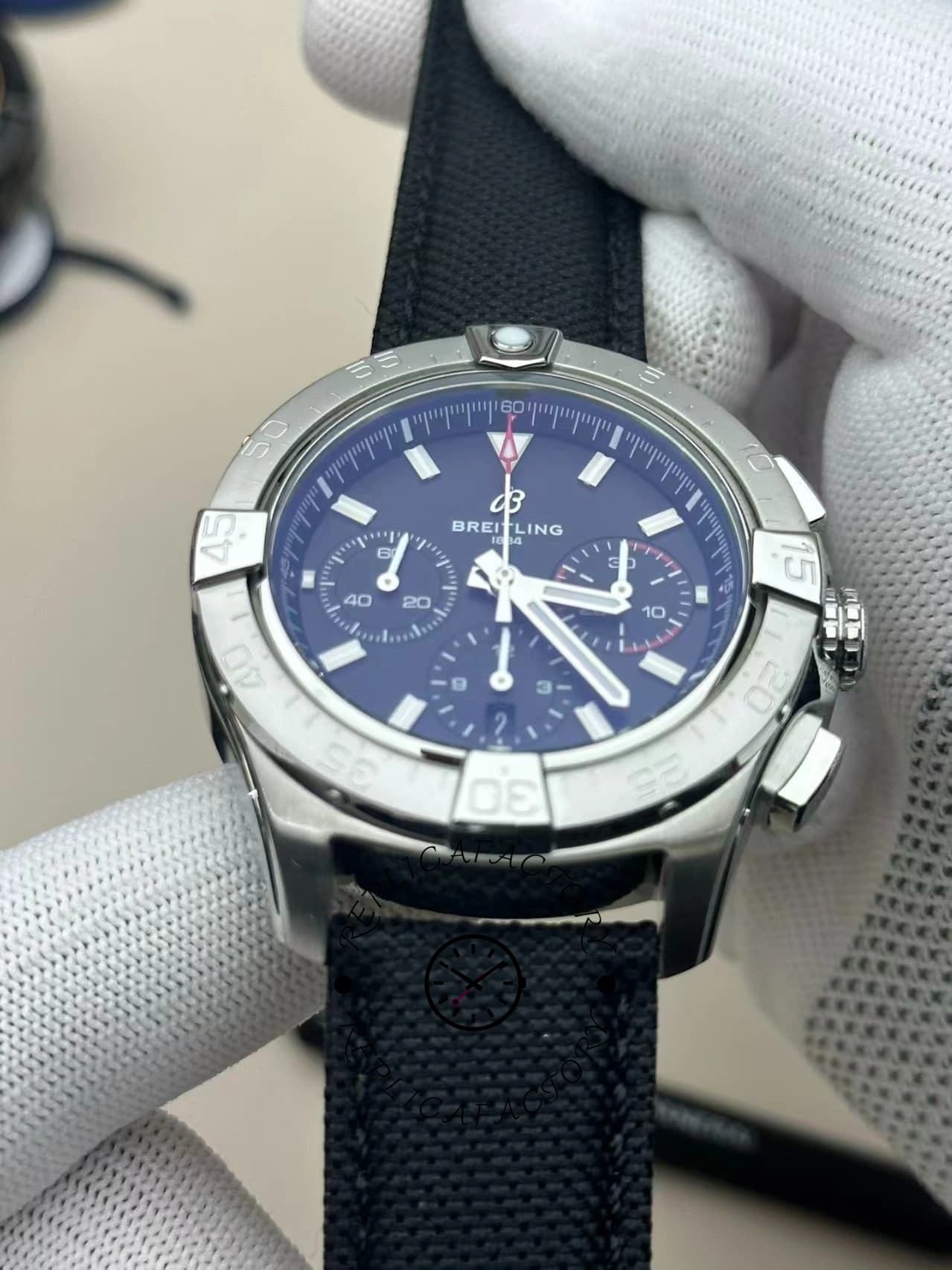 Close-up of Breitling Avenger B01 AB0146101B1X1 showing dial details, hands, and minute track.