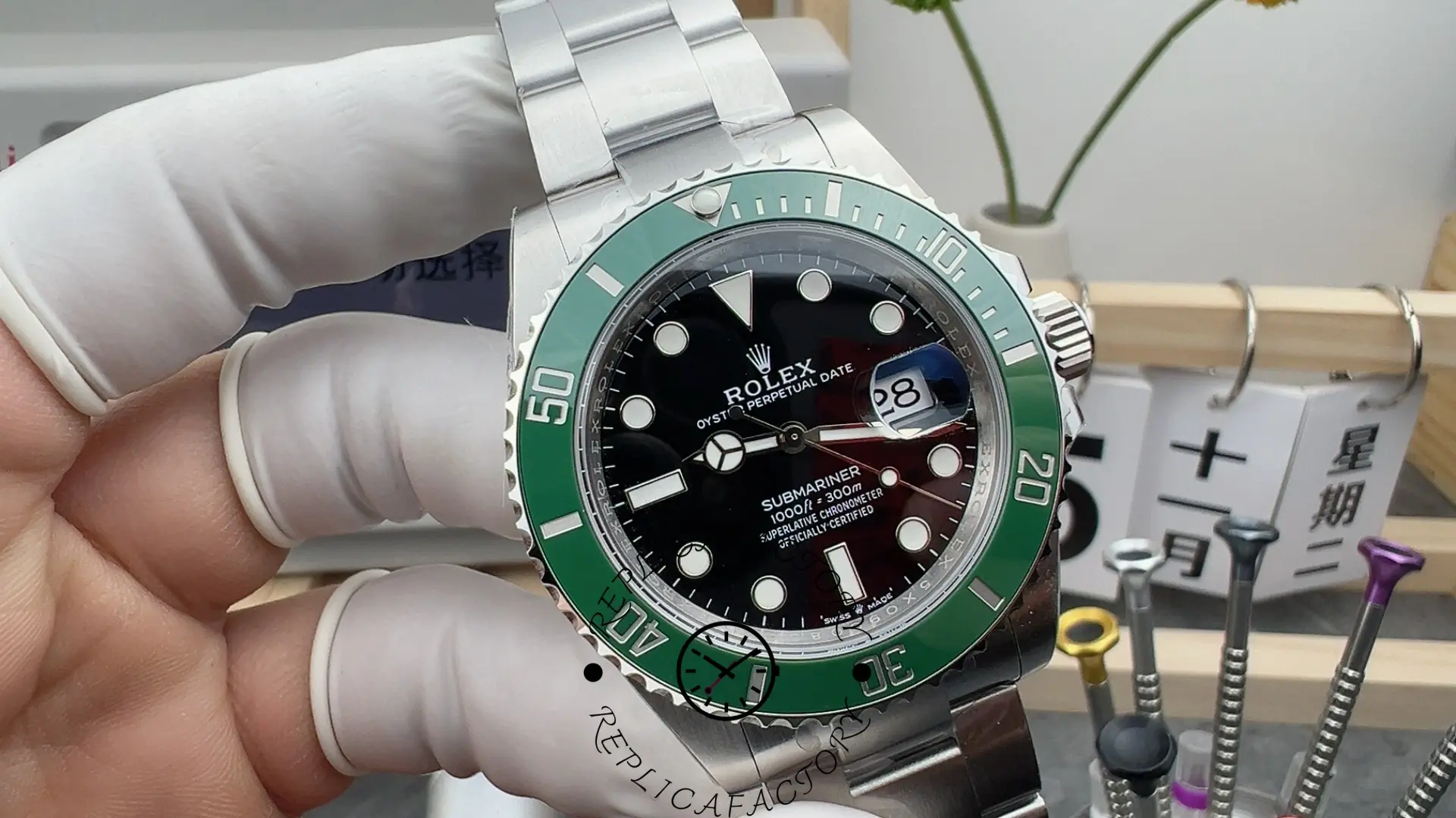 Rolex Submariner 126610LV, angled front view highlighting the green ceramic bezel and Mercedes hands.