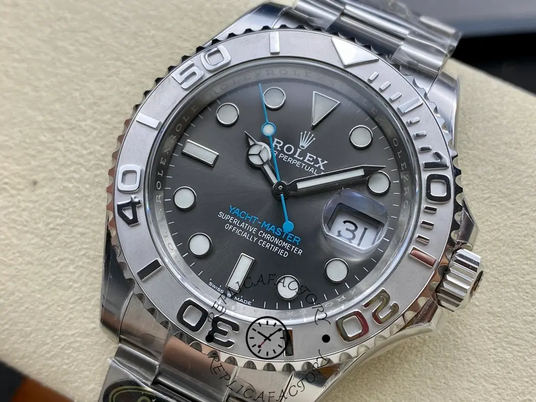 Dial close-up of the Rolex Yacht-Master 126622 showing markers, hands, and date window.