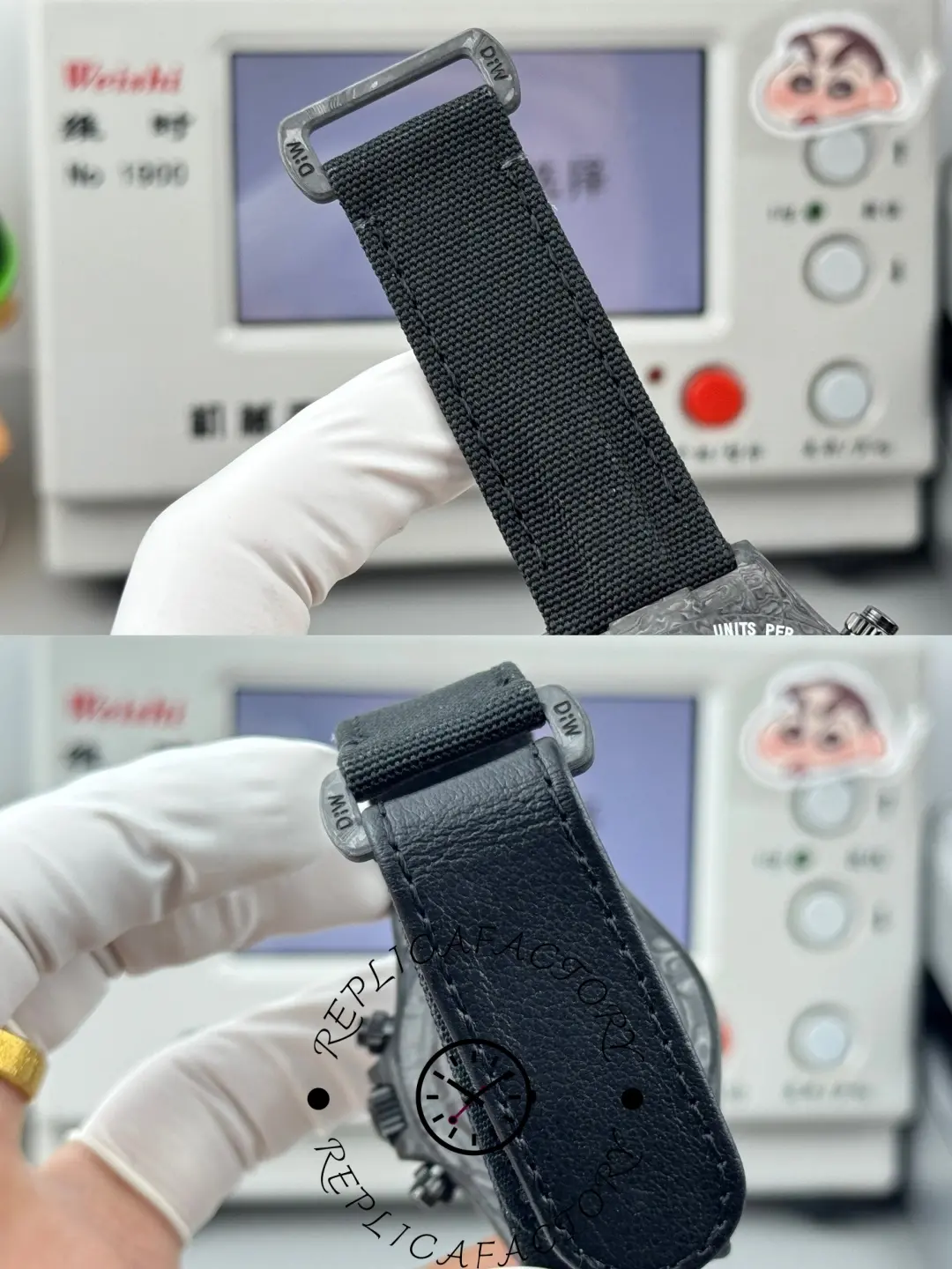 Replica Rolex DiW Daytona All Carbon Graphite 40mm, strap and buckle detail from underside view.