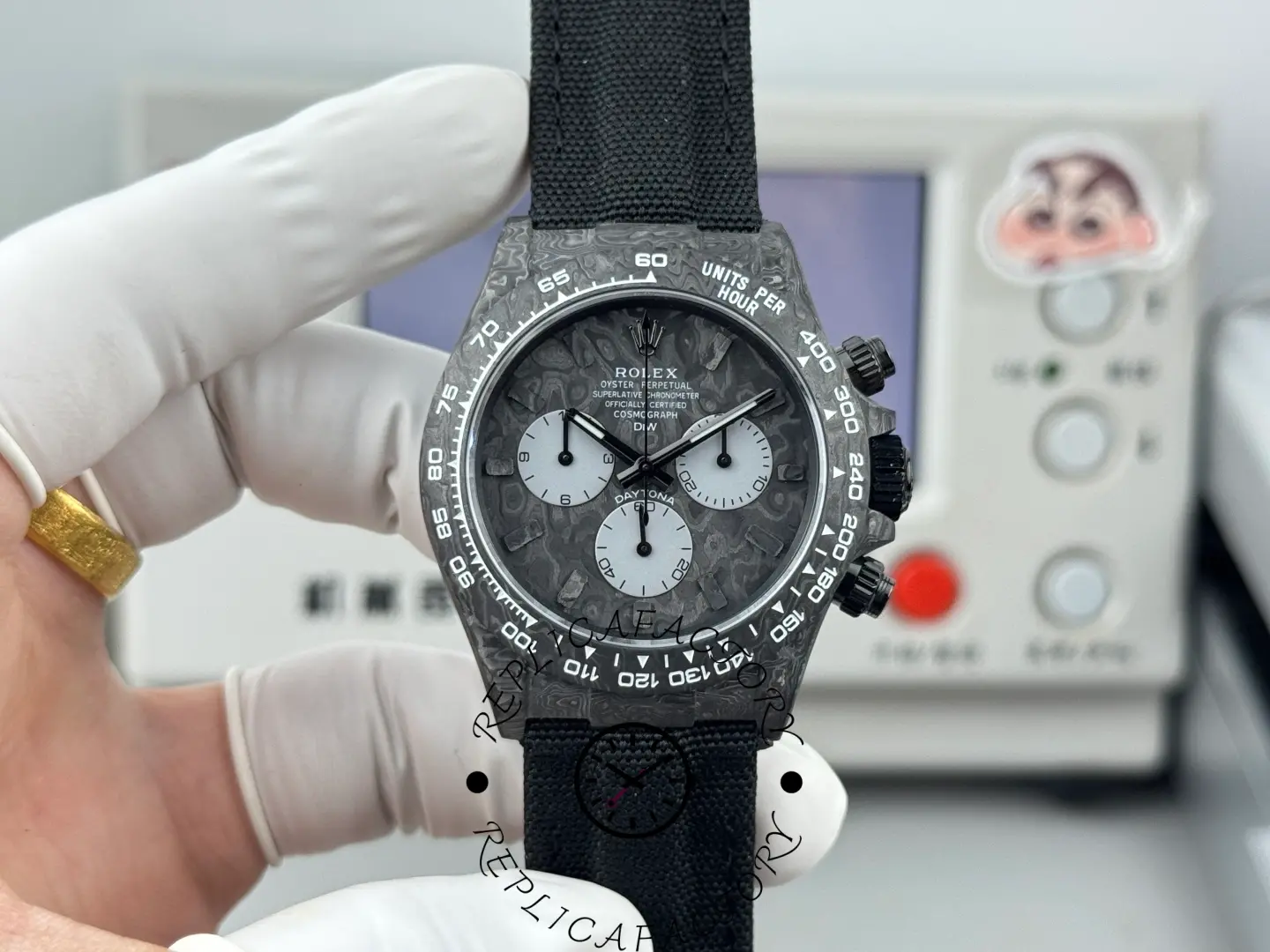 Replica Rolex DiW Daytona All Carbon Graphite 40mm, straight-on face view highlighting subdials and markers.