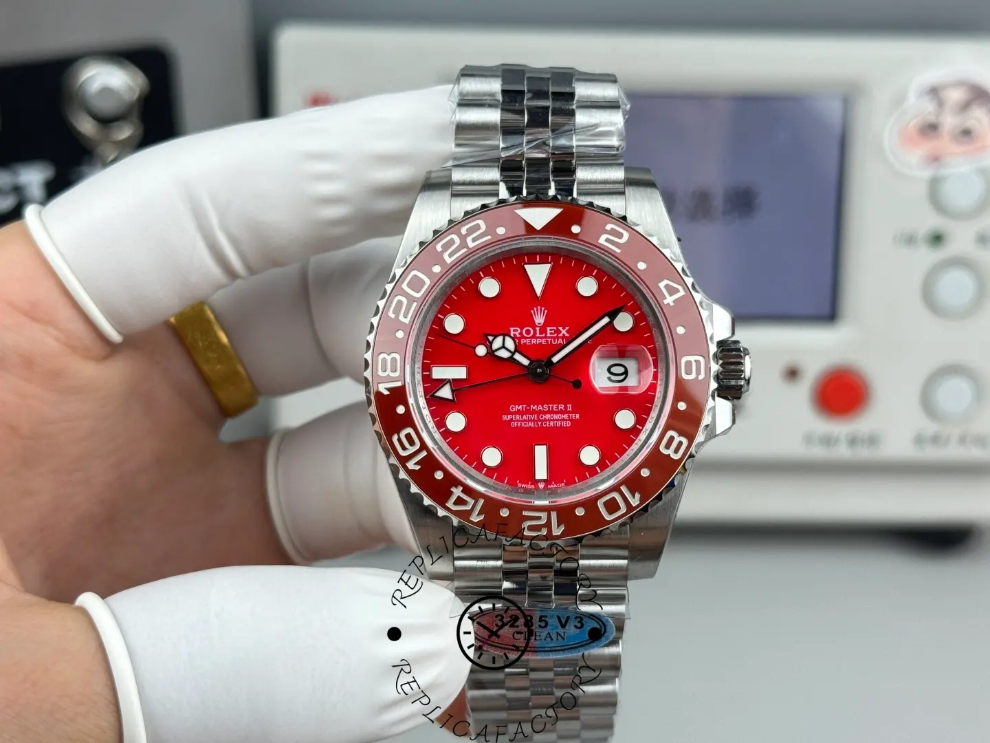 Gloved wrist-roll view of Rolex GMT-Master II 126710 showing red dial and bezel.