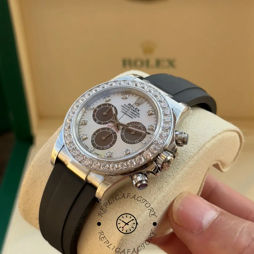 Side view of Rolex Daytona 126589RBR showing white gold case profile on Oysterflex.