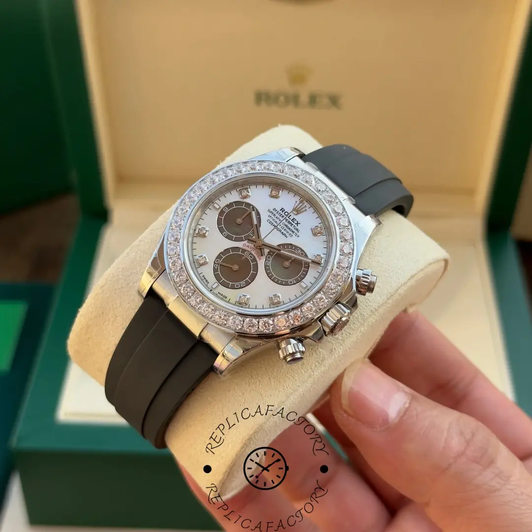 Angled view of Rolex Daytona 126589RBR highlighting diamond bezel sparkle and case profile.