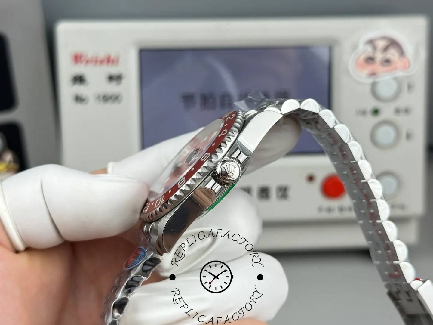 Side profile of Rolex GMT-Master II 126710 showing crown, case thickness and bracelet curve.