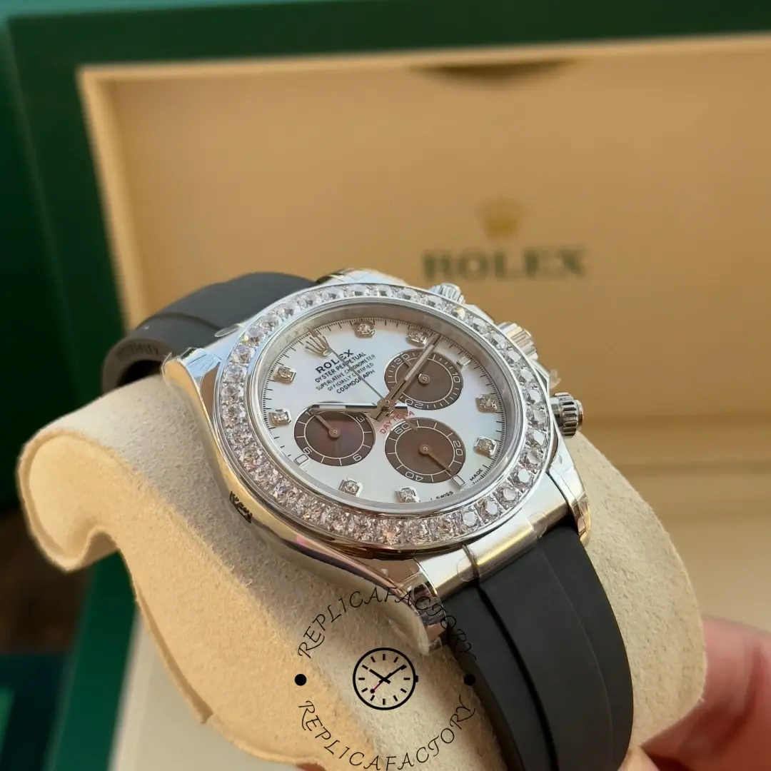 Close-up of Rolex Daytona 126589RBR showing white dial texture and chronograph subdials.