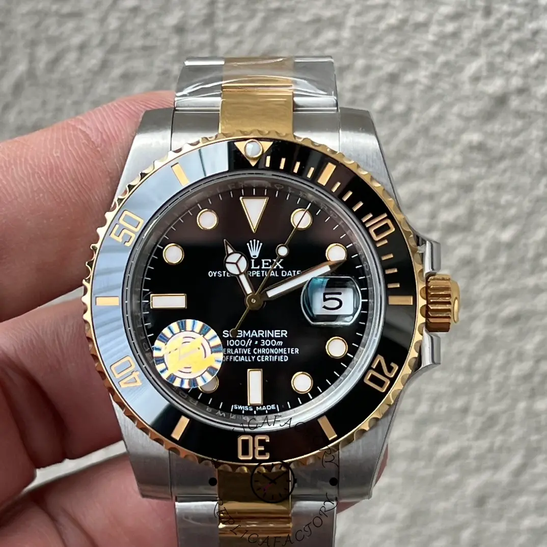 Rolex Submariner Date 116613, hand-held close-up of black dial and date window.