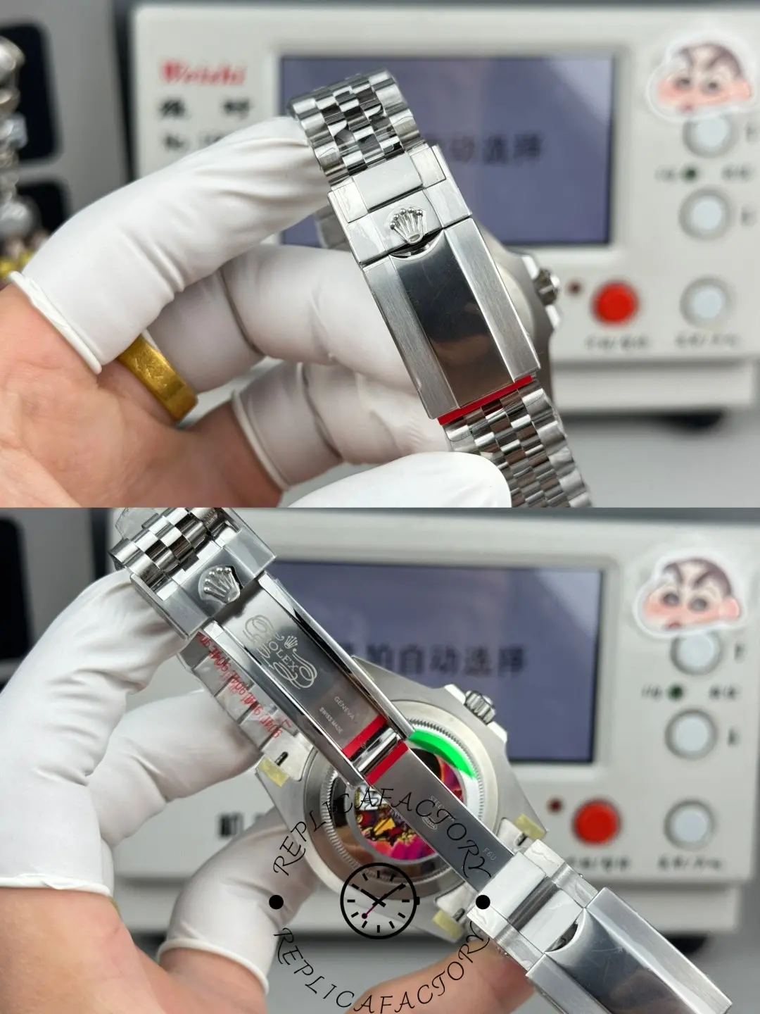 Bracelet clasp view of Rolex GMT-Master II 126710 showing clasp and link finishing.