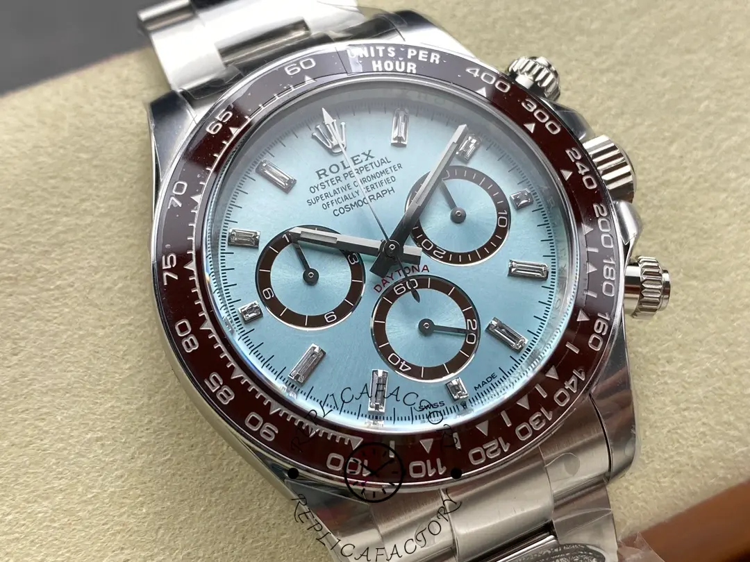 Dial close-up of the Rolex Platinum Cosmograph Daytona 126506 0002, baguette diamonds and subdials.