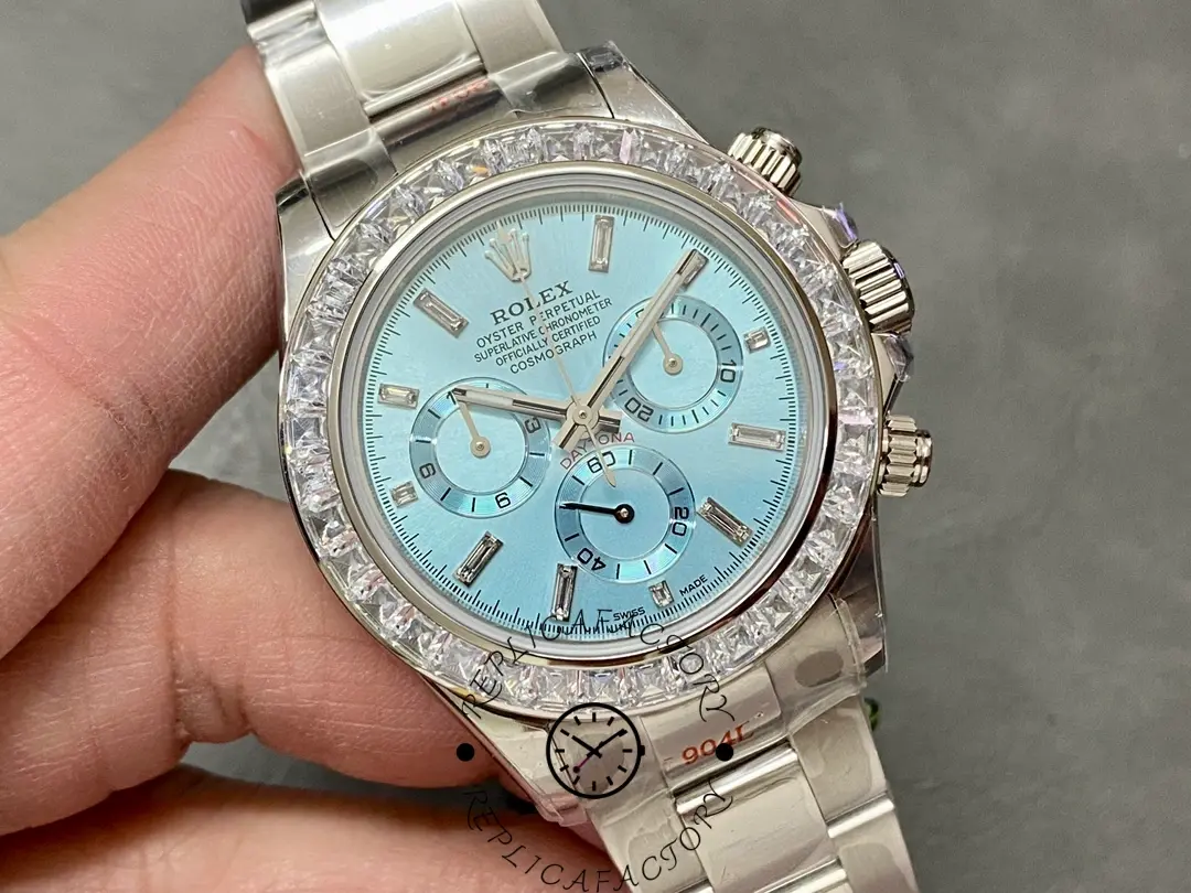 Rolex Daytona 116576TBR, angled front shot highlighting the ice blue dial, subdials, and diamond bezel sparkle.