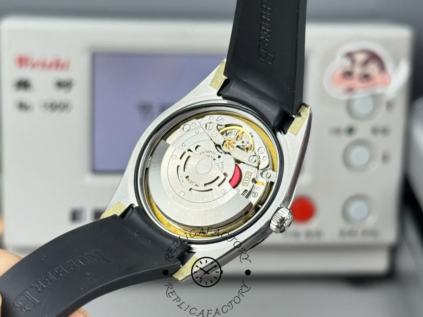 Rolex Air-King 126900 0001, movement shot with caseback opened, rotor visible.