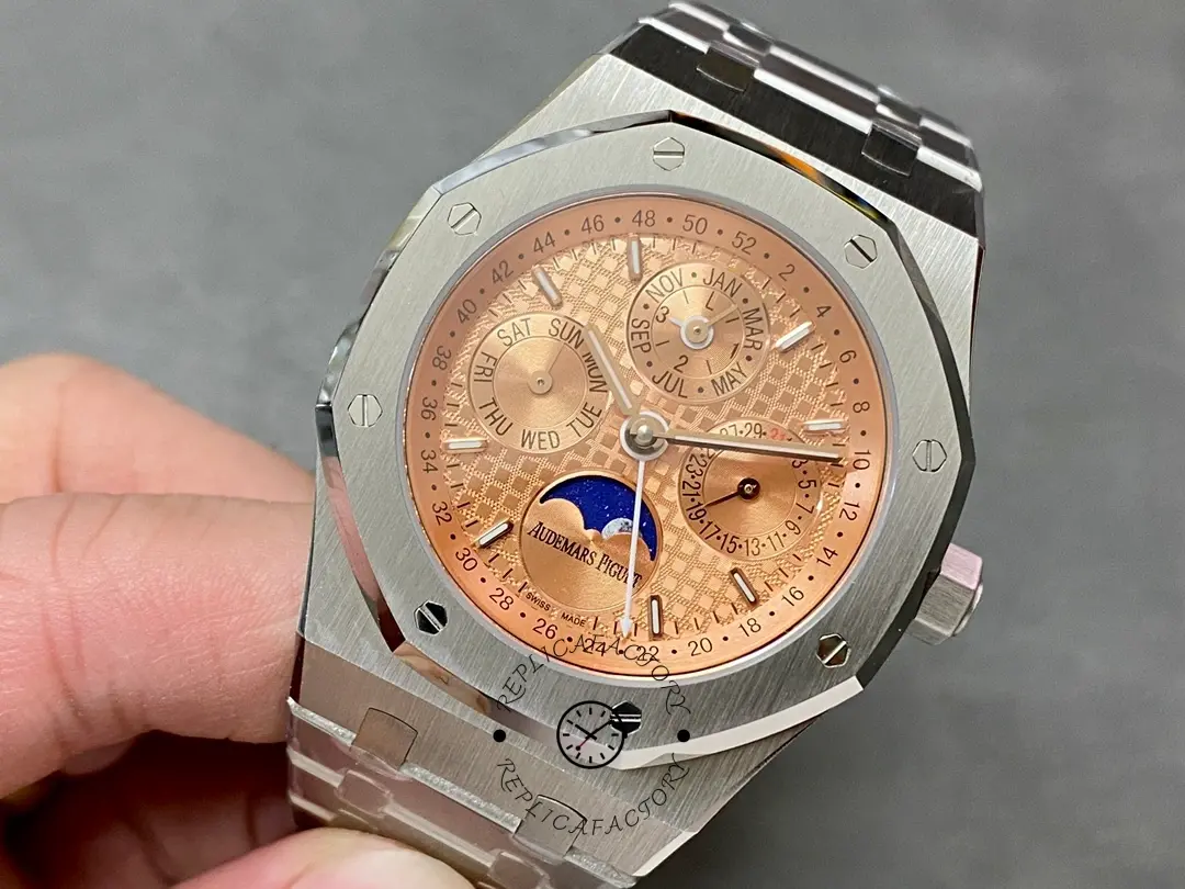 AP 26615TI.OO.1220TI.01 Perpetual Calendar Replica Watches Salmon Dial 41mm