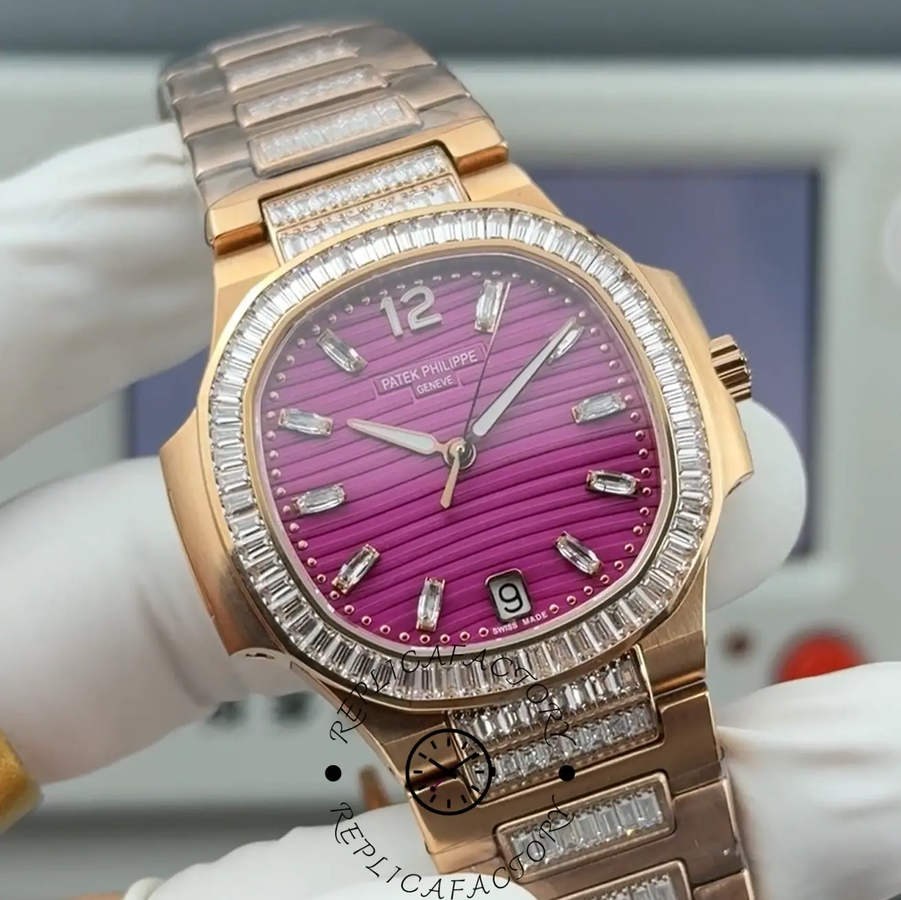 Clone Patek Philippe Nautilus 7014 Purple Dial Diamond Bezel