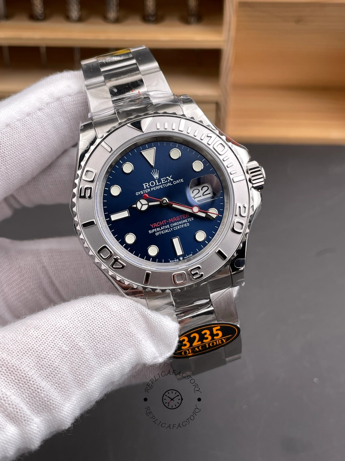 Angled front view of Rolex Yacht-Master 126622 showing bezel texture and blue dial, 40mm.