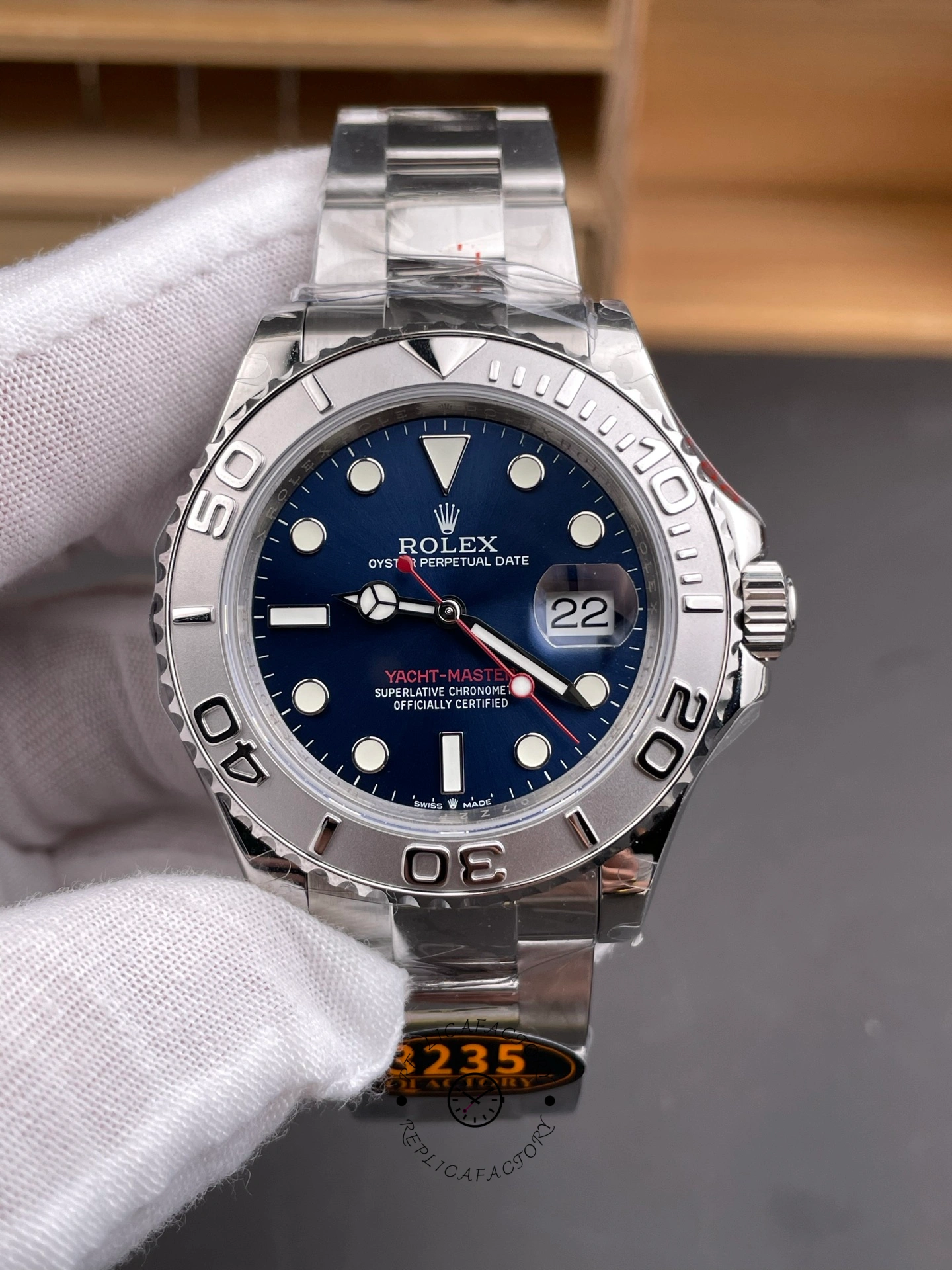 Close front view of Rolex Yacht-Master 126622 with luminous markers and date, 40mm.