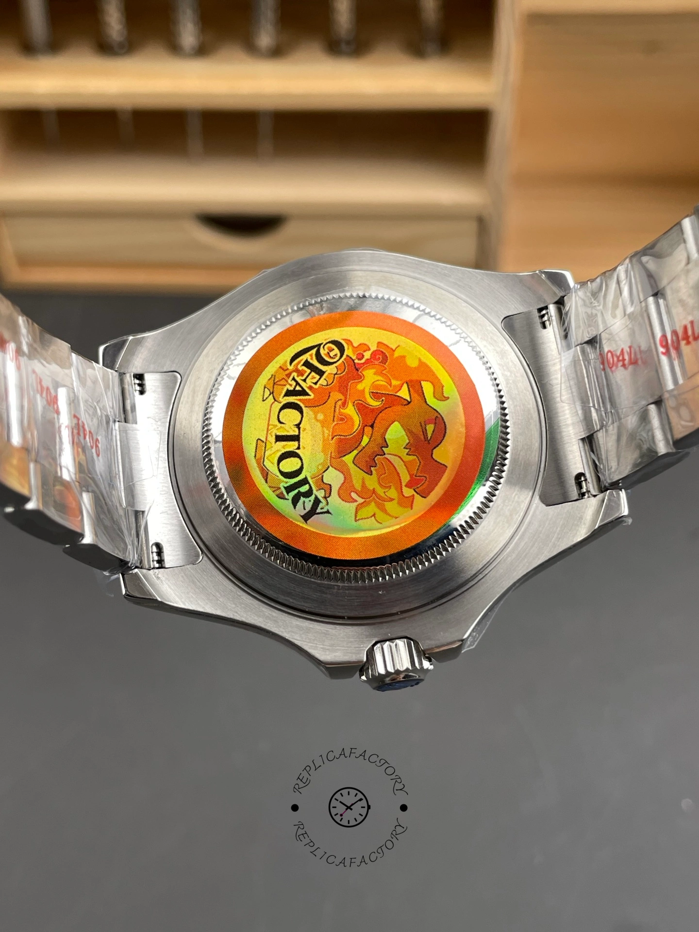 Caseback view of Rolex Yacht-Master 126622 showing back sticker and Oyster bracelet, 40mm.