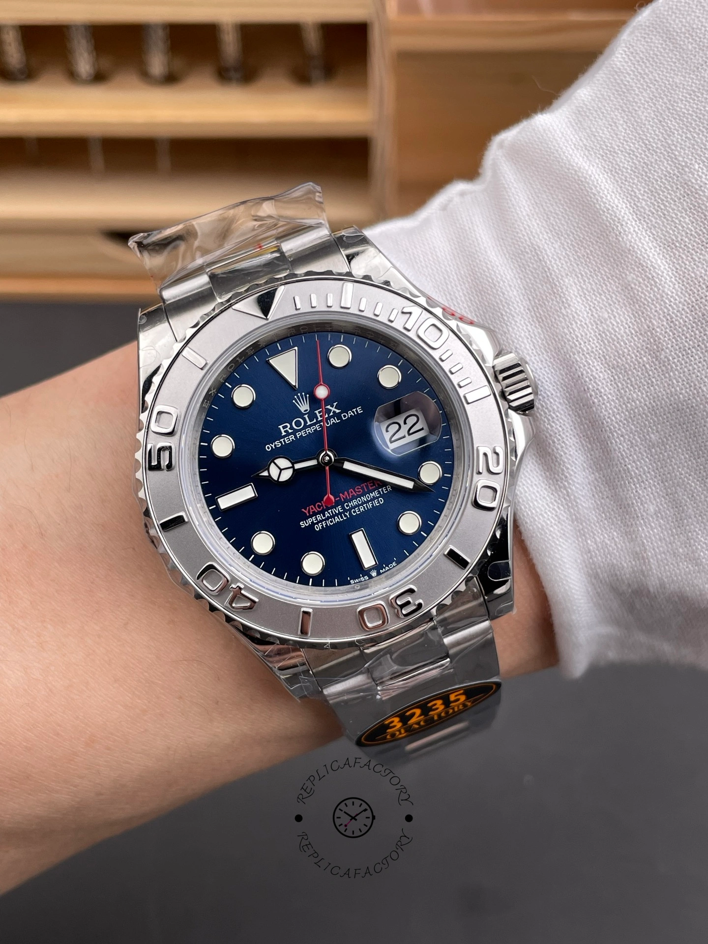 Wrist shot of Rolex Yacht-Master 126622, blue dial and platinum bezel, 40mm.