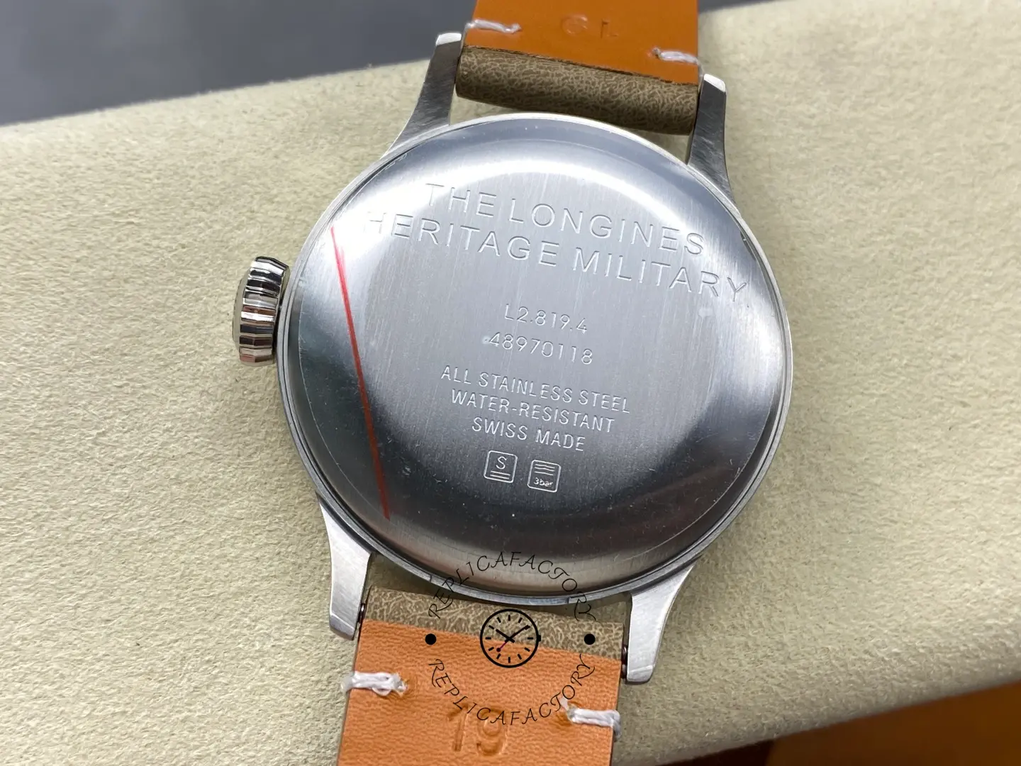 Longines L2.819.4.93.2 Heritage Military 38.5mm Steel Replica Beige Suede